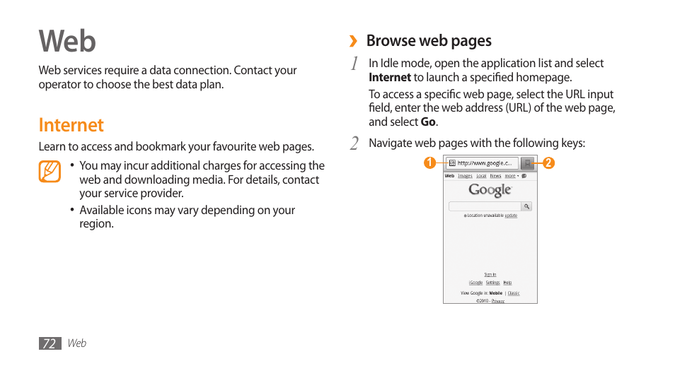 Internet | Samsung GALAXY S GT-I9000 User Manual | Page 72 / 132