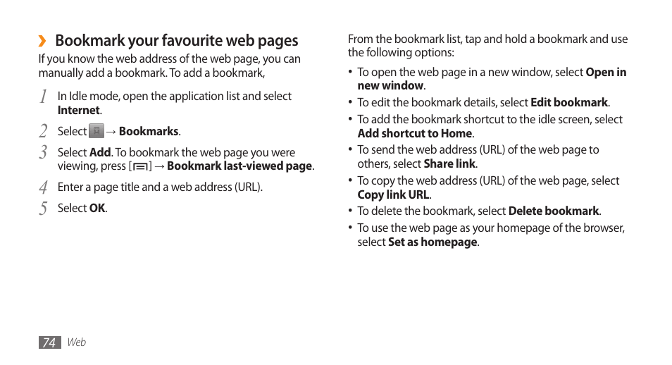 Bookmark your favourite web pages | Samsung GALAXY S GT-I9000 User Manual | Page 74 / 132