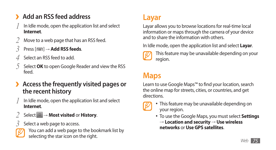 Layar, Maps | Samsung GALAXY S GT-I9000 User Manual | Page 75 / 132