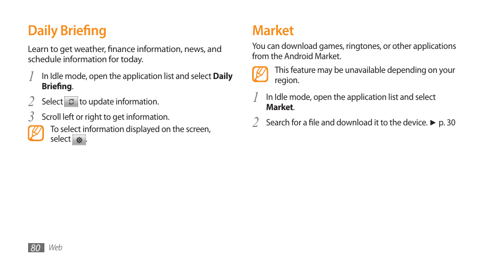 Market, Daily briefing | Samsung GALAXY S GT-I9000 User Manual | Page 80 / 132