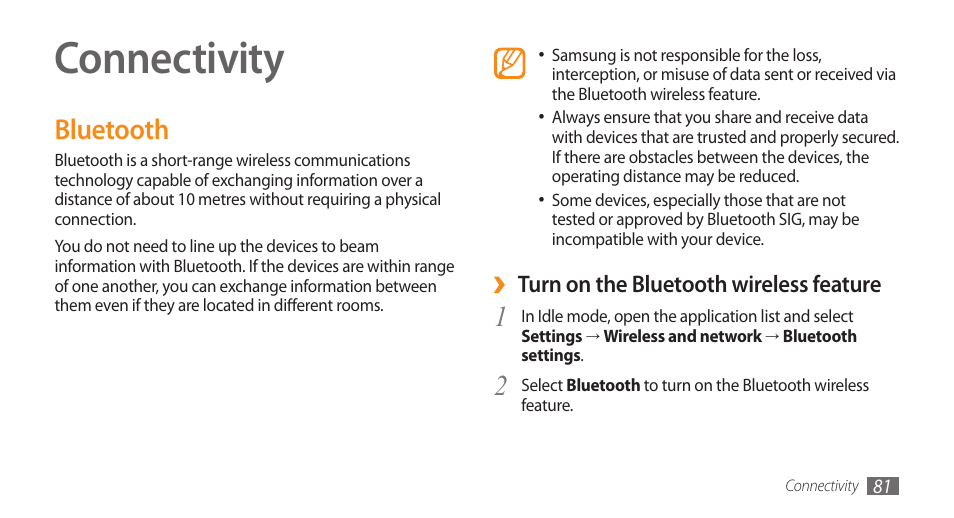 Connectivity, Bluetooth | Samsung GALAXY S GT-I9000 User Manual | Page 81 / 132