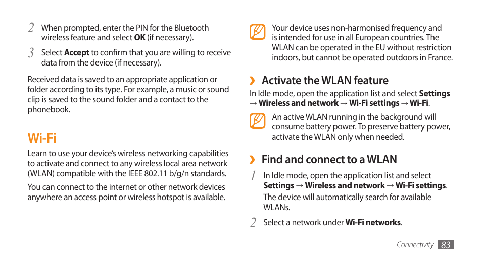 Wi-fi, Activate the wlan feature, Find and connect to a wlan | Samsung GALAXY S GT-I9000 User Manual | Page 83 / 132