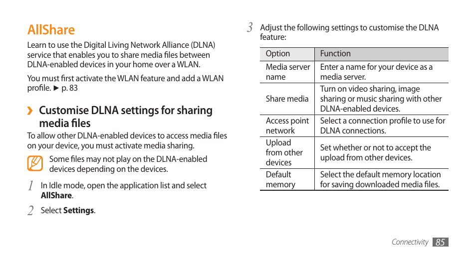 Allshare, Customise dlna settings for sharing, Media files | Samsung GALAXY S GT-I9000 User Manual | Page 85 / 132