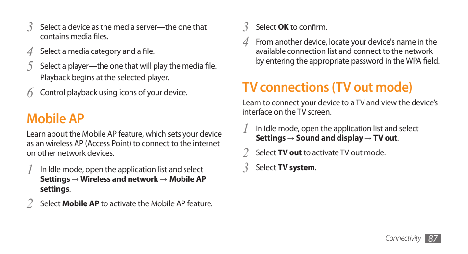 Tv connections (tv out mode), 6mobile ap | Samsung GALAXY S GT-I9000 User Manual | Page 87 / 132