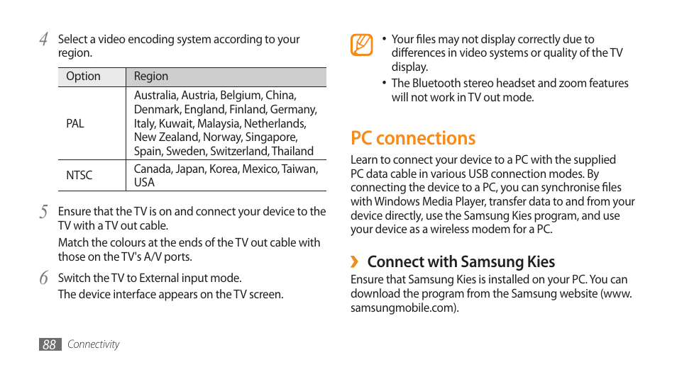 Pc connections, Connect with samsung kies | Samsung GALAXY S GT-I9000 User Manual | Page 88 / 132