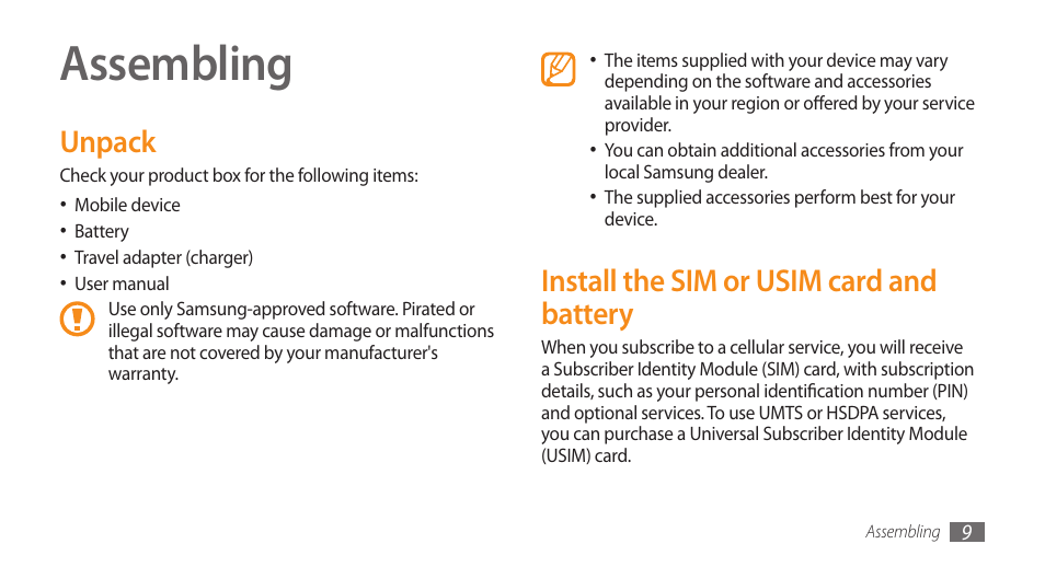 Assembling, Unpack, Install the sim or usim card and battery | Samsung GALAXY S GT-I9000 User Manual | Page 9 / 132