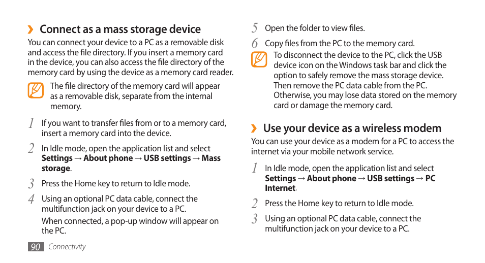 Use your device as a wireless modem, Connect as a mass storage device | Samsung GALAXY S GT-I9000 User Manual | Page 90 / 132