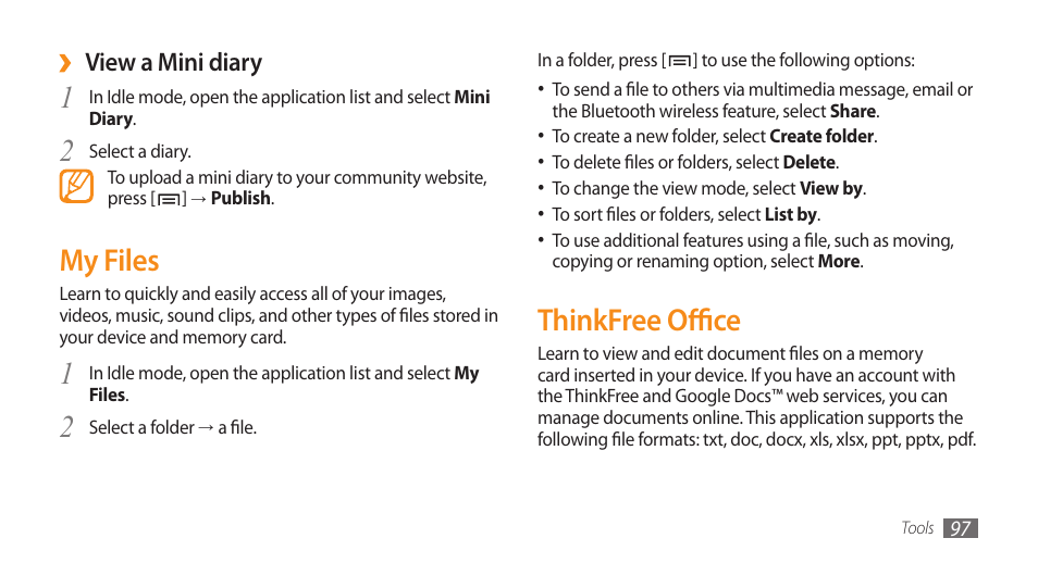 Thinkfree office, My files, View a mini diary | Samsung GALAXY S GT-I9000 User Manual | Page 97 / 132