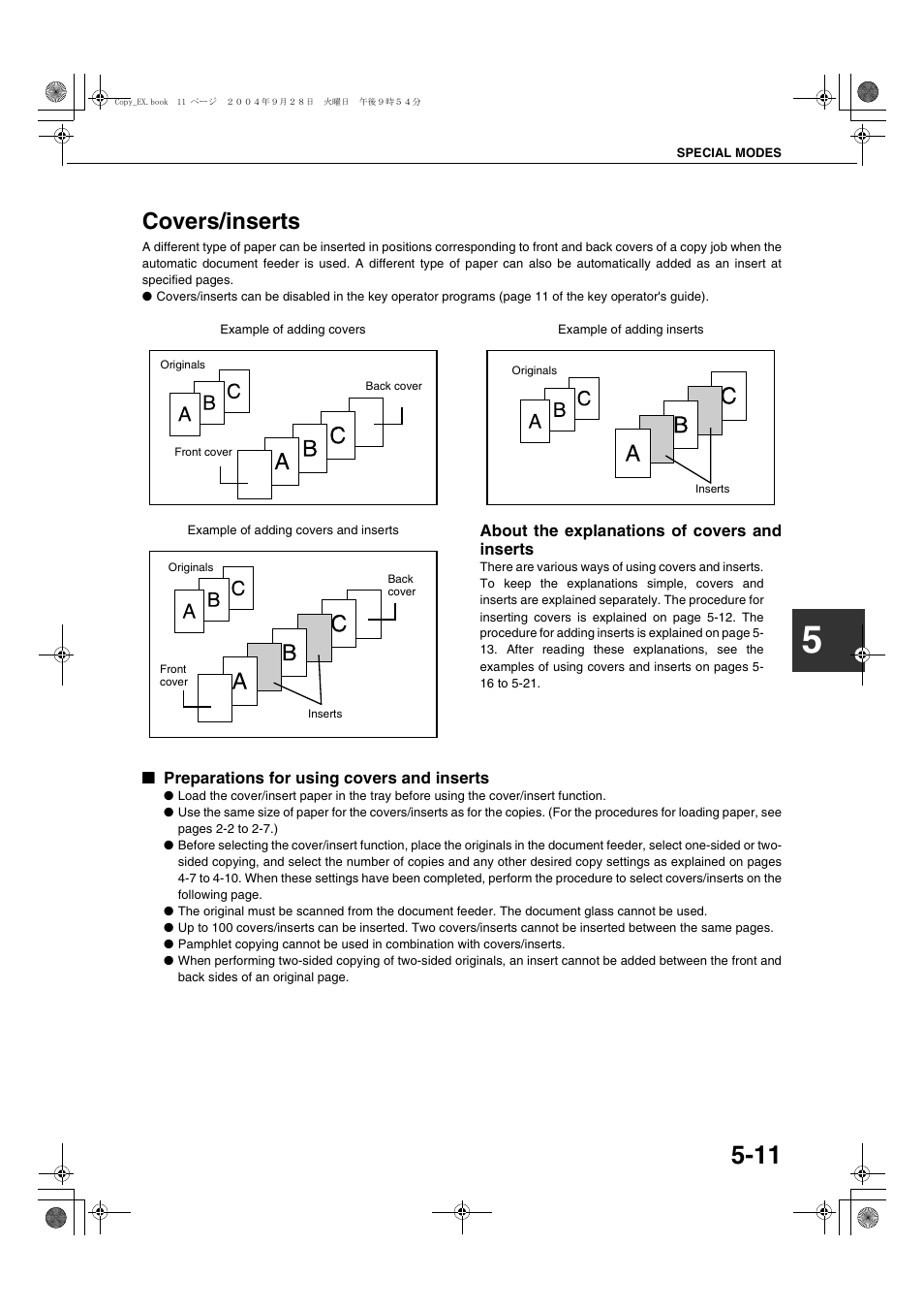 Covers/inserts, About the explanations of covers and inserts, Preparations for using covers and inserts | E 5-11) | Sharp AR-M451N User Manual | Page 111 / 188