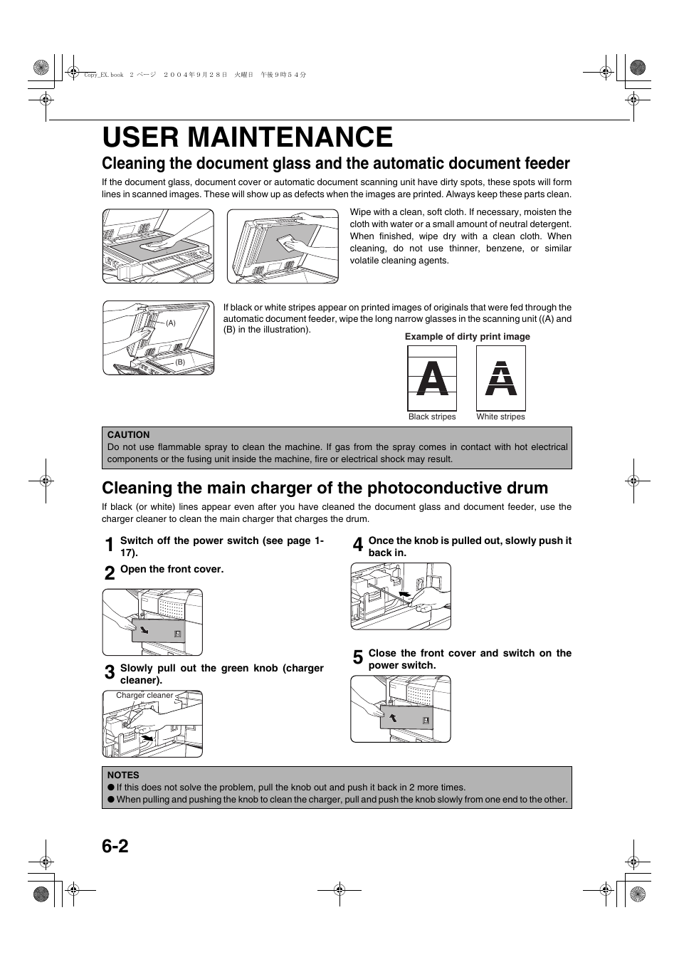 User maintenance, Cleaning the document glass and the automatic, Document feeder | Cleaning the main charger of the, Photoconductive drum | Sharp AR-M451N User Manual | Page 146 / 188