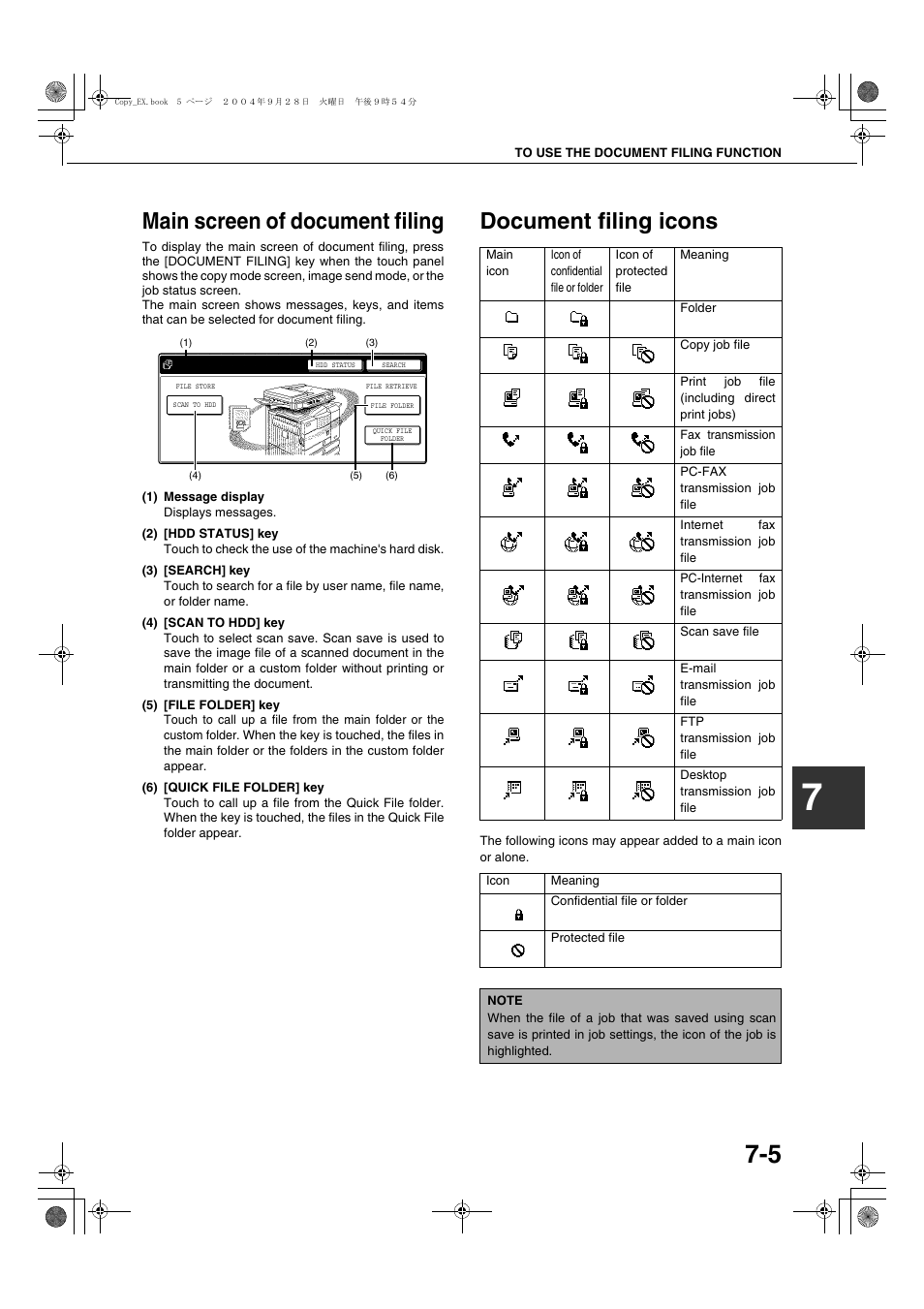 Main screen of document filing, Document filing icons | Sharp AR-M451N User Manual | Page 153 / 188