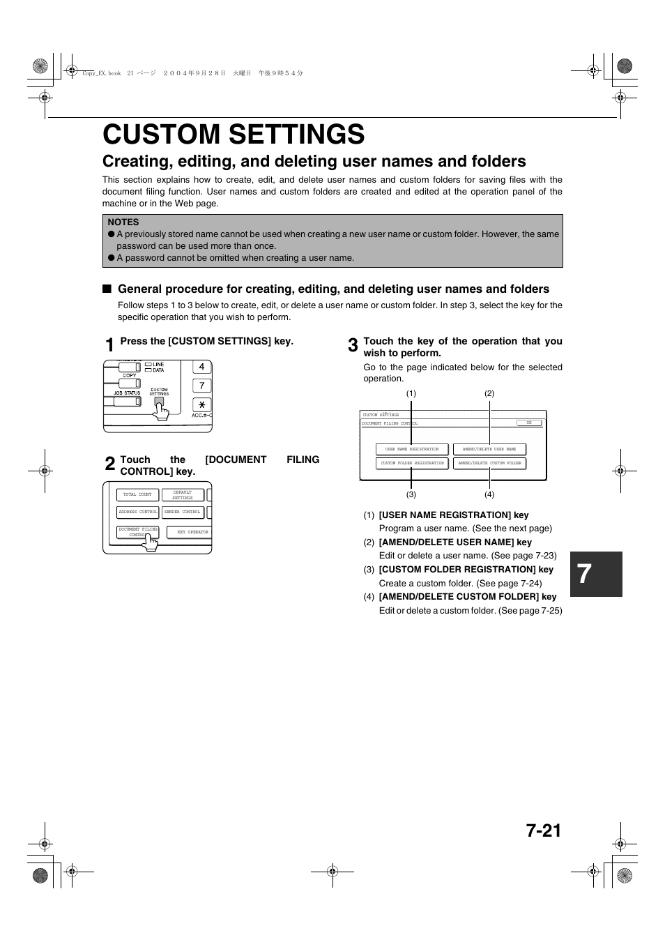 Custom settings, Creating, editing, and deleting user names and, Folders | E 7-21), 7custom settings | Sharp AR-M451N User Manual | Page 169 / 188