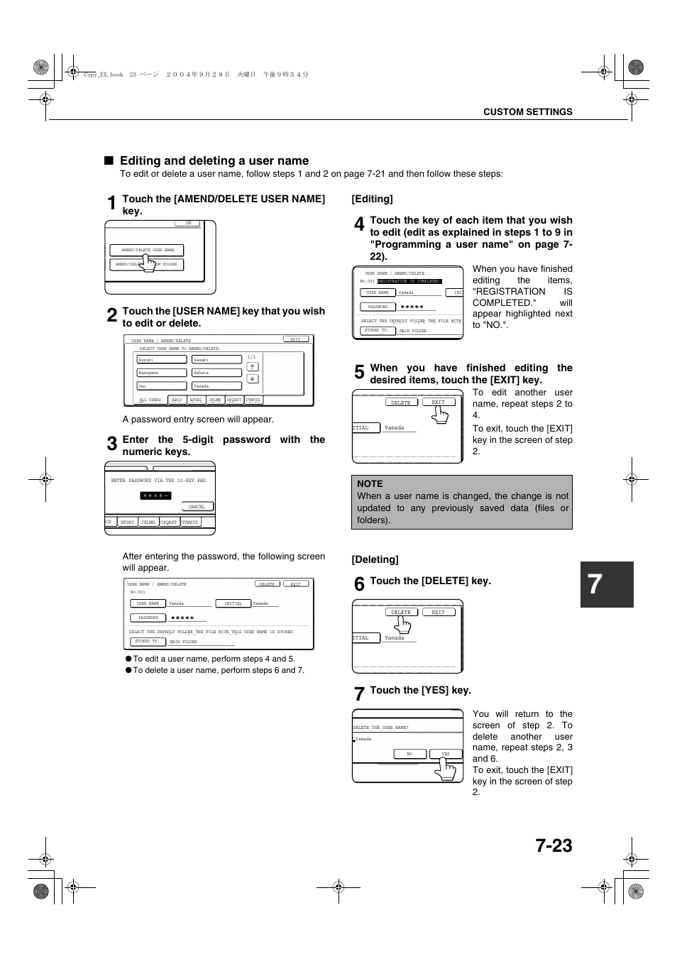 Editing and deleting a user name, Touch the [amend/delete user name] key, Enter the 5-digit password with the numeric keys | Editing, Deleting, Touch the [delete] key, Touch the [yes] key | Sharp AR-M451N User Manual | Page 171 / 188