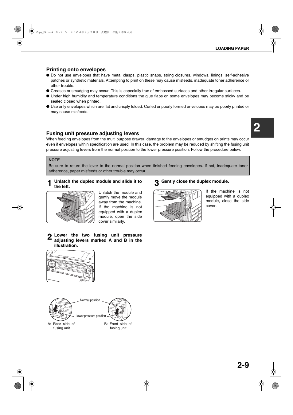 Printing onto envelopes, Fusing unit pressure adjusting levers | Sharp AR-M451N User Manual | Page 37 / 188