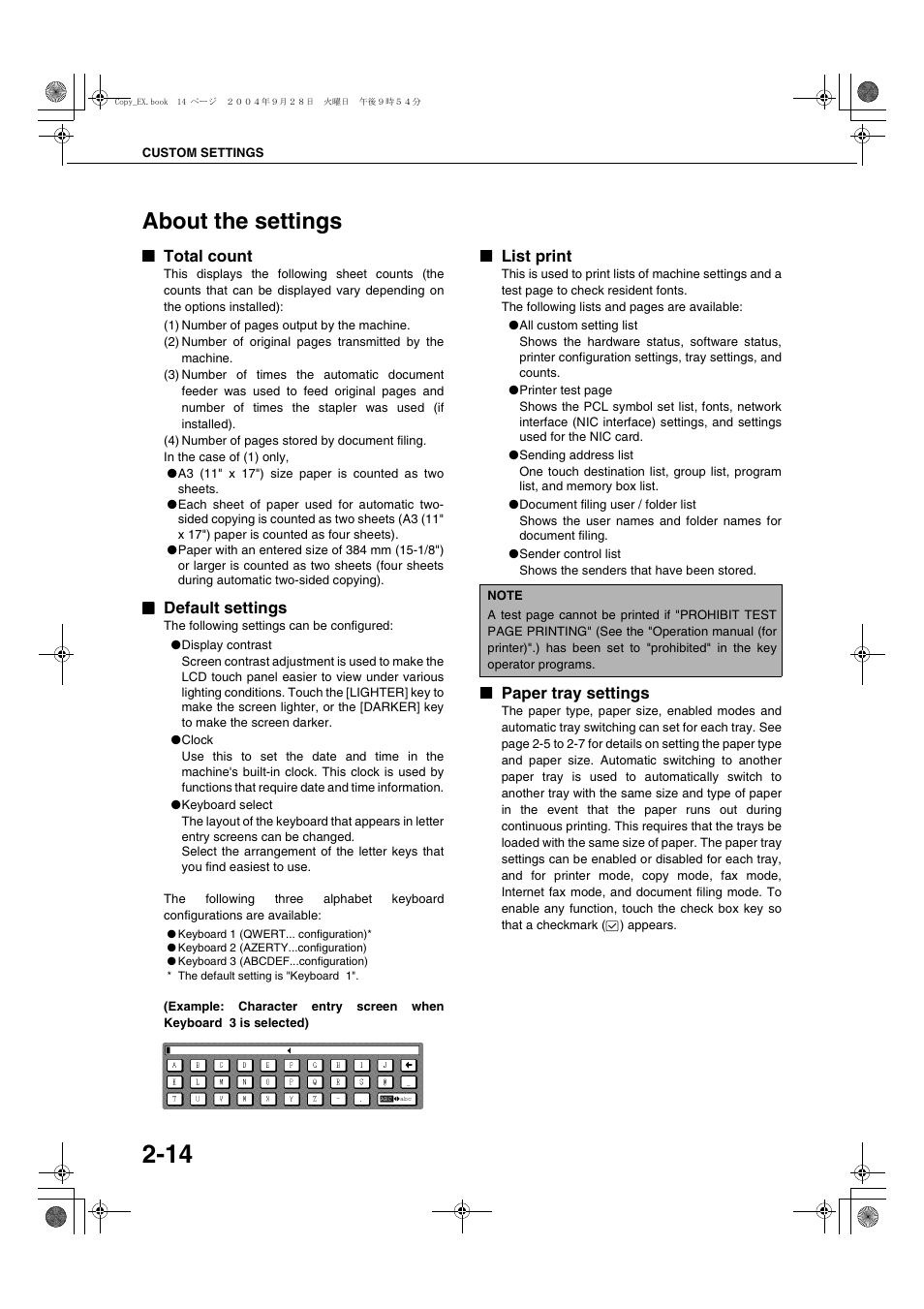 About the settings, Total count, Default settings | List print, Paper tray settings, E 2-14), Ge 2-14 | Sharp AR-M451N User Manual | Page 42 / 188