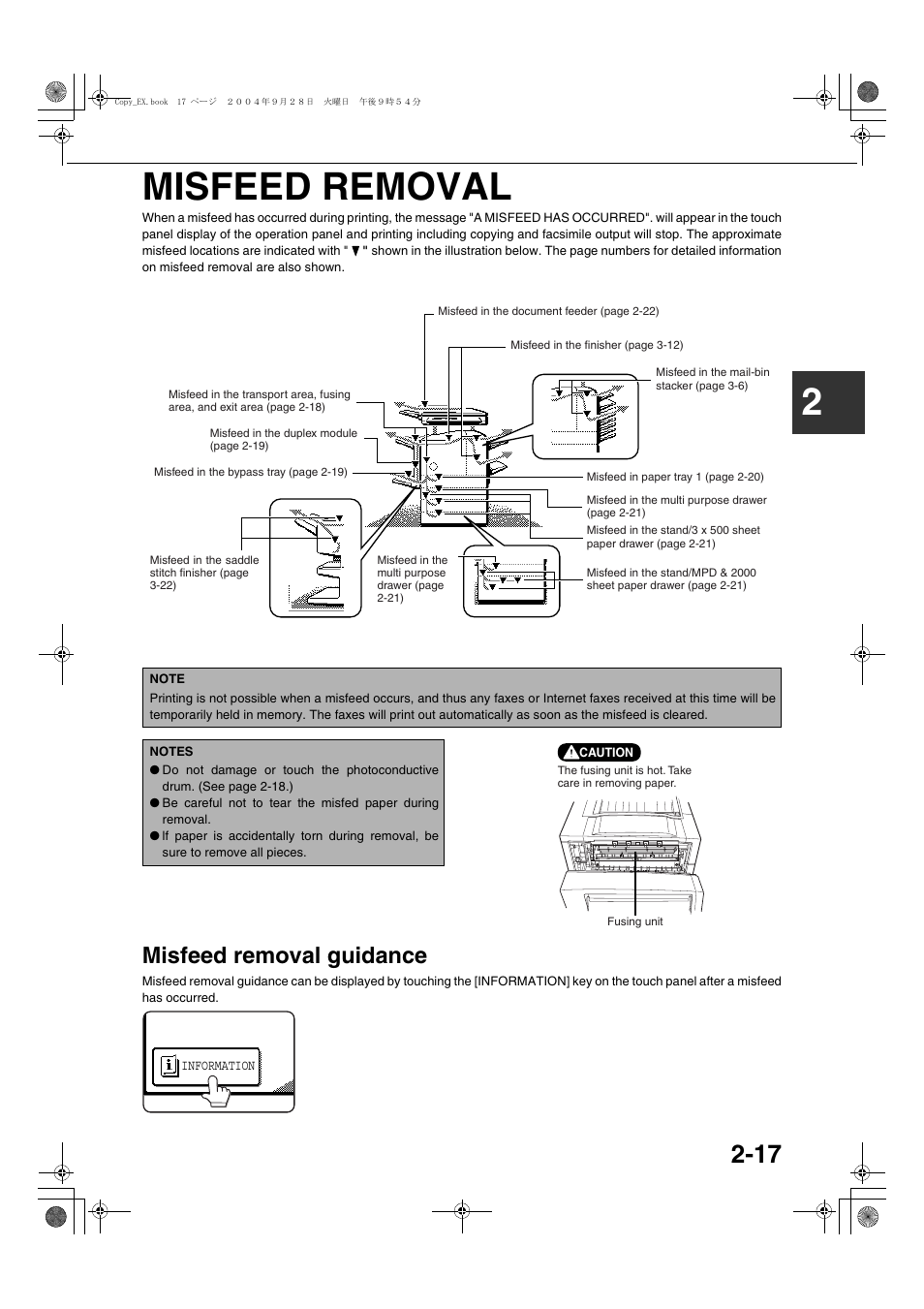 Misfeed removal, Misfeed removal guidance, 2misfeed removal | Sharp AR-M451N User Manual | Page 45 / 188