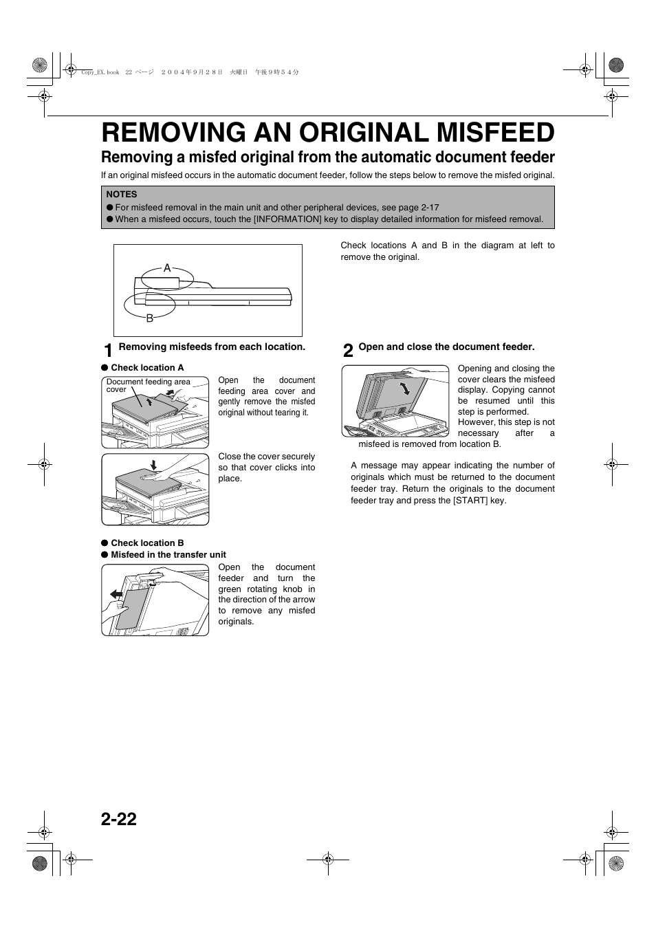 Removing an original misfeed, Removing a misfed original from the automatic, Document feeder | Sharp AR-M451N User Manual | Page 50 / 188