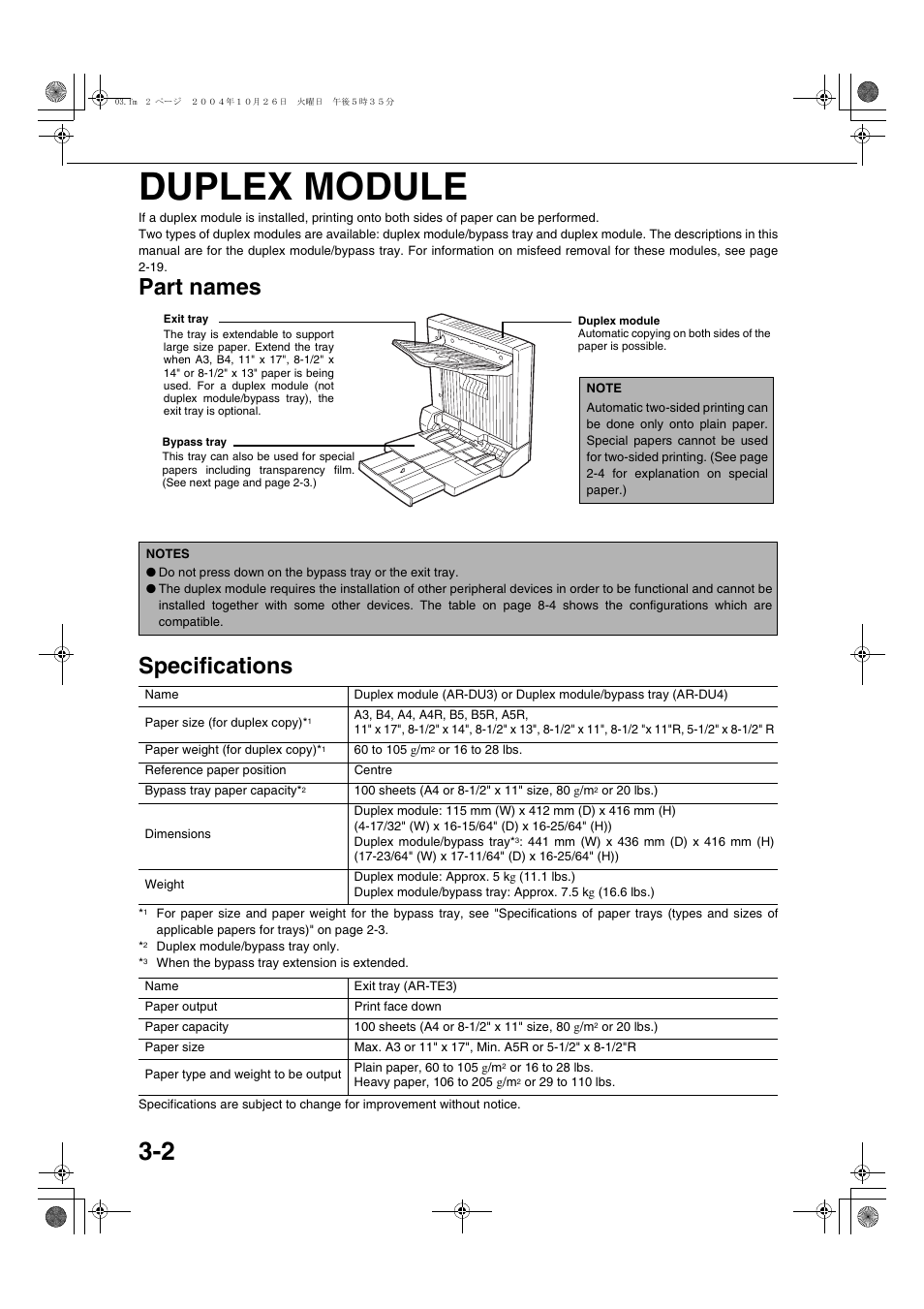 Duplex module, Part names, Specifications | Part names specifications | Sharp AR-M451N User Manual | Page 56 / 188