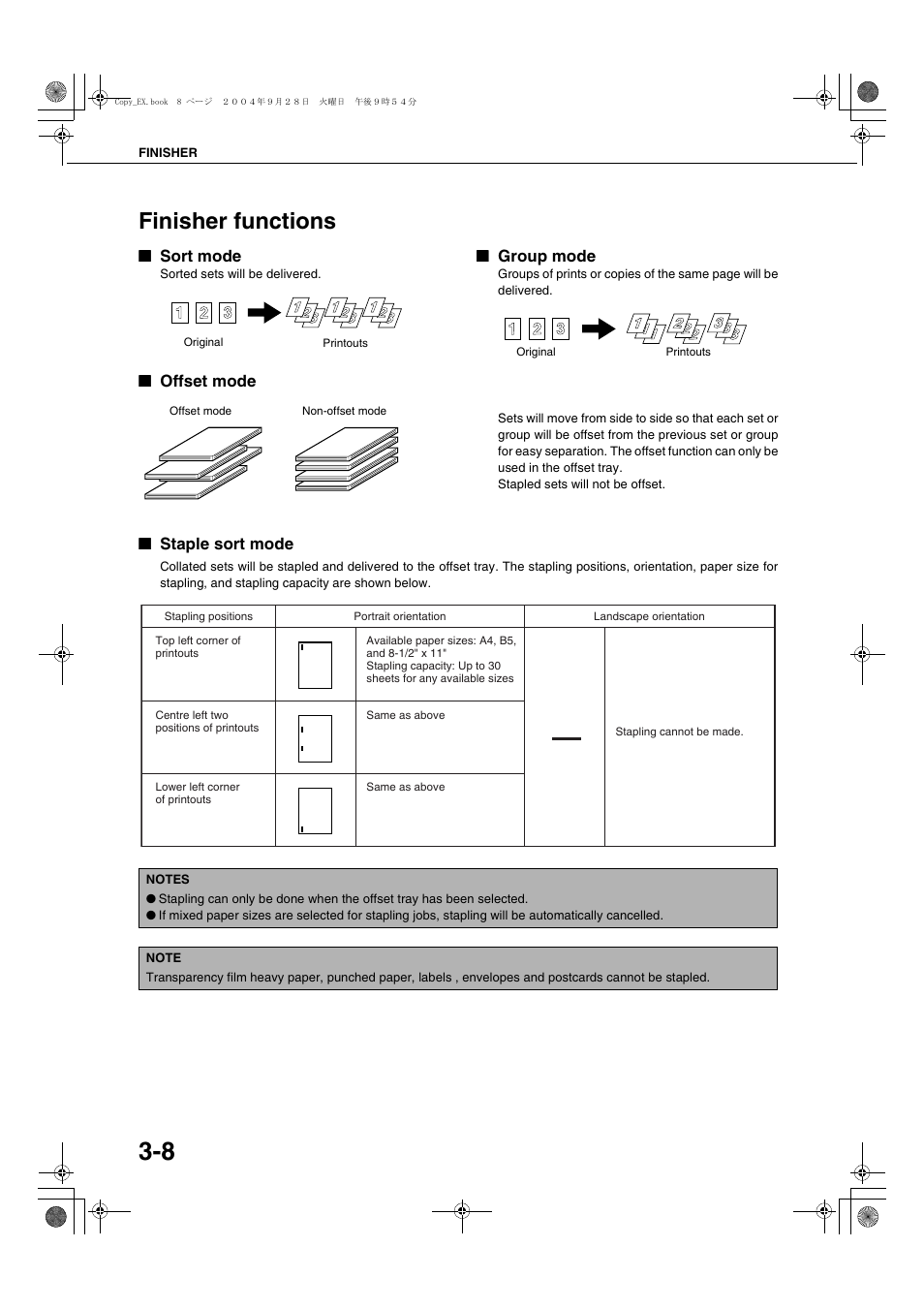 Finisher functions, Sort mode, Offset mode | Group mode, Staple sort mode | Sharp AR-M451N User Manual | Page 62 / 188