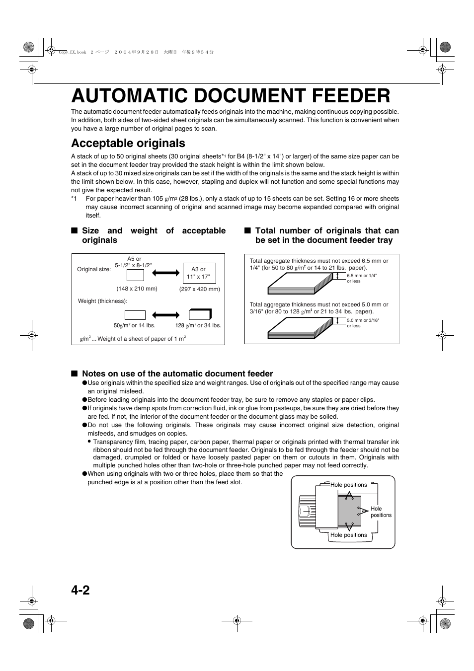 Automatic document feeder, Acceptable originals, Size and weight of acceptable originals | Notes on use of the automatic document feeder | Sharp AR-M451N User Manual | Page 82 / 188