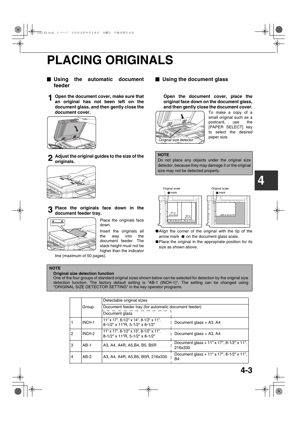 Placing originals, Using the automatic document feeder, Using the document glass | 4placing originals | Sharp AR-M451N User Manual | Page 83 / 188