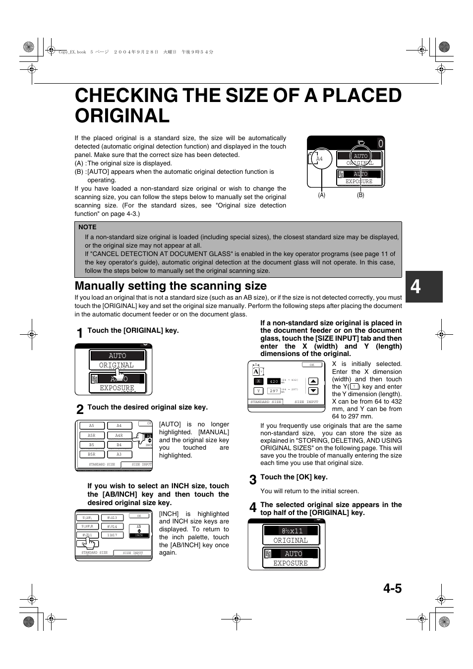 Checking the size of a placed original, Manually setting the scanning size, 4checking the size of a placed original | Auto, Auto original exposure, 8 x11, Touch the [original] key, Touch the desired original size key, Touch the [ok] key | Sharp AR-M451N User Manual | Page 85 / 188