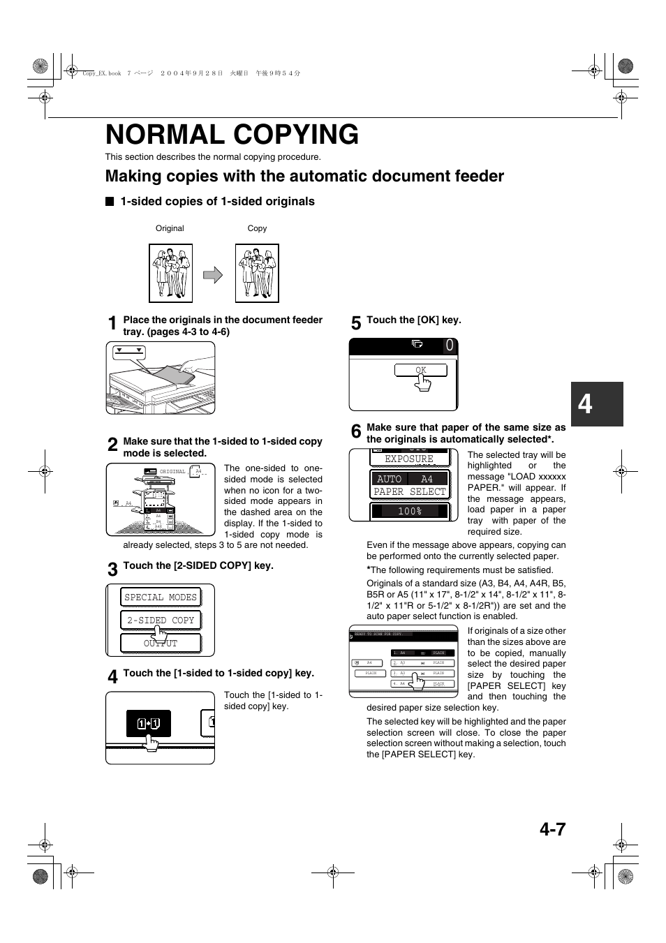 Normal copying, Making copies with the automatic document feeder, Sided copies of 1-sided originals | Making copies with the automatic document, Feeder, 4normal copying | Sharp AR-M451N User Manual | Page 87 / 188