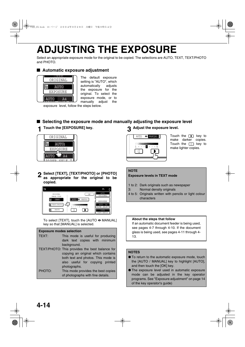 Adjusting the exposure, Automatic exposure adjustment | Sharp AR-M451N User Manual | Page 94 / 188