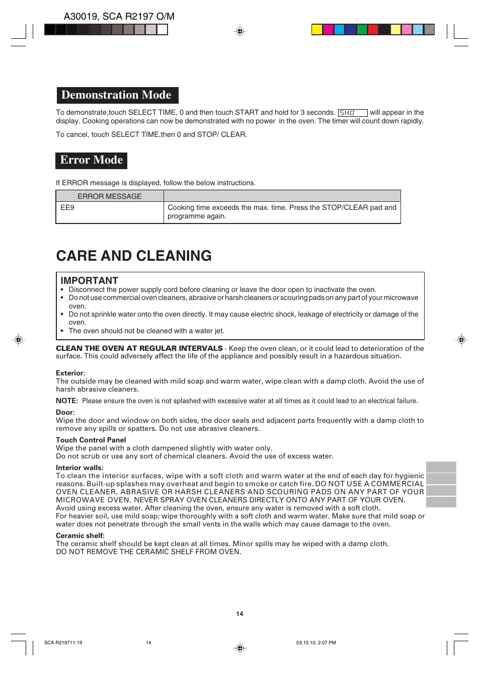 Care and cleaning, Demonstration mode, Error mode | Important | Sharp MODEL R-2197 User Manual | Page 15 / 20