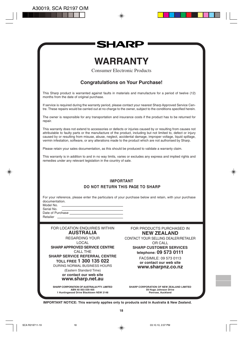 Warranty, Australia, New zealand | Sharp MODEL R-2197 User Manual | Page 19 / 20