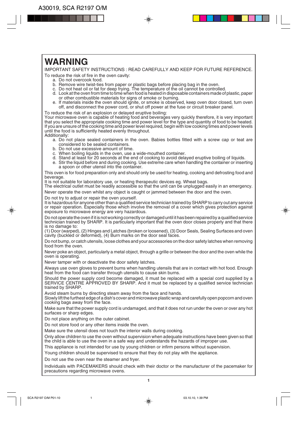 Warning | Sharp MODEL R-2197 User Manual | Page 2 / 20