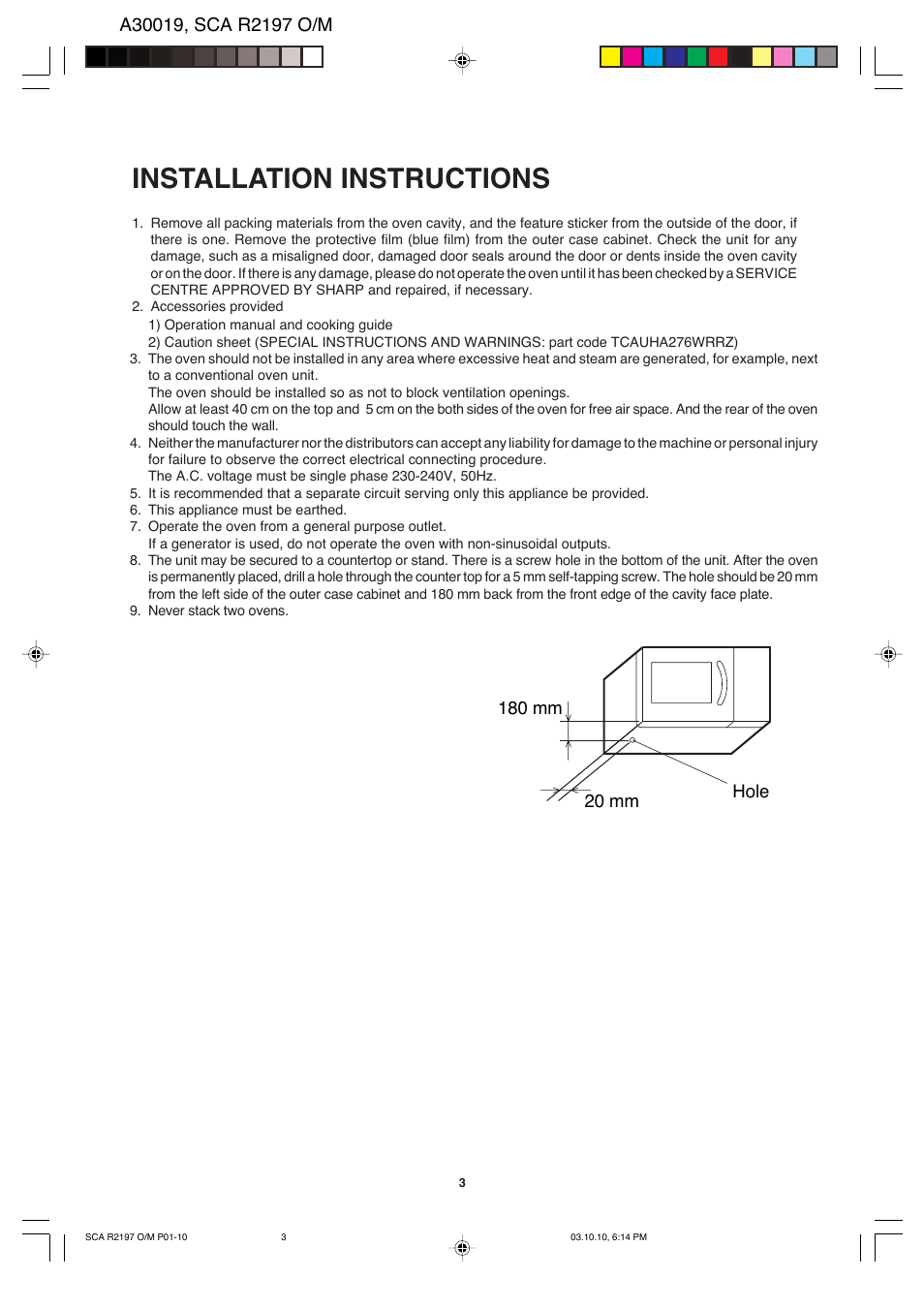 Installation instructions | Sharp MODEL R-2197 User Manual | Page 4 / 20