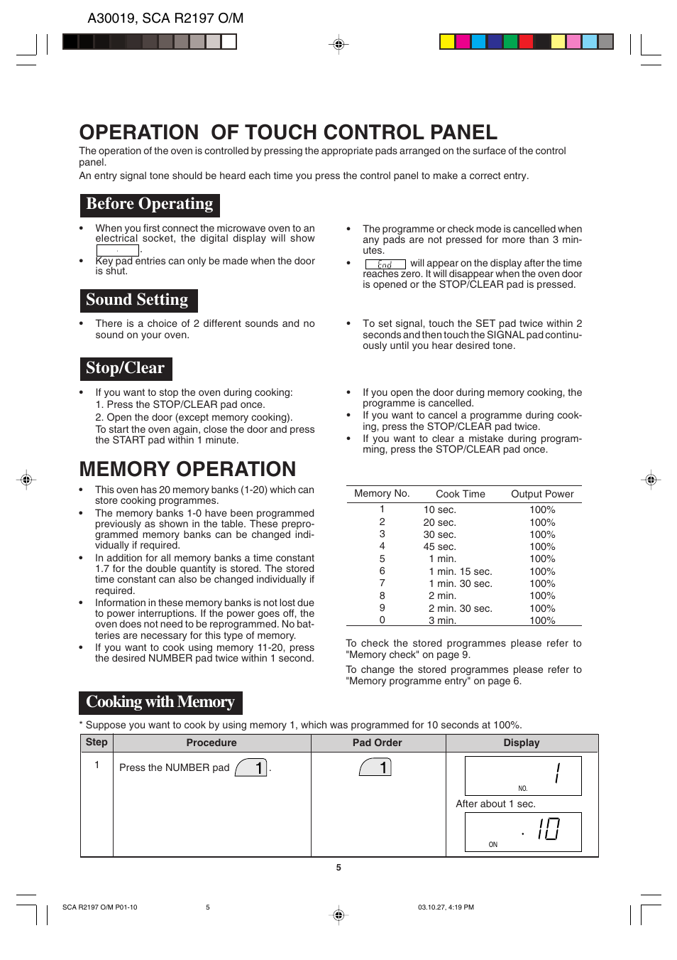 Operation of touch control panel, Before operating, Stop/clear | Sound setting | Sharp MODEL R-2197 User Manual | Page 6 / 20