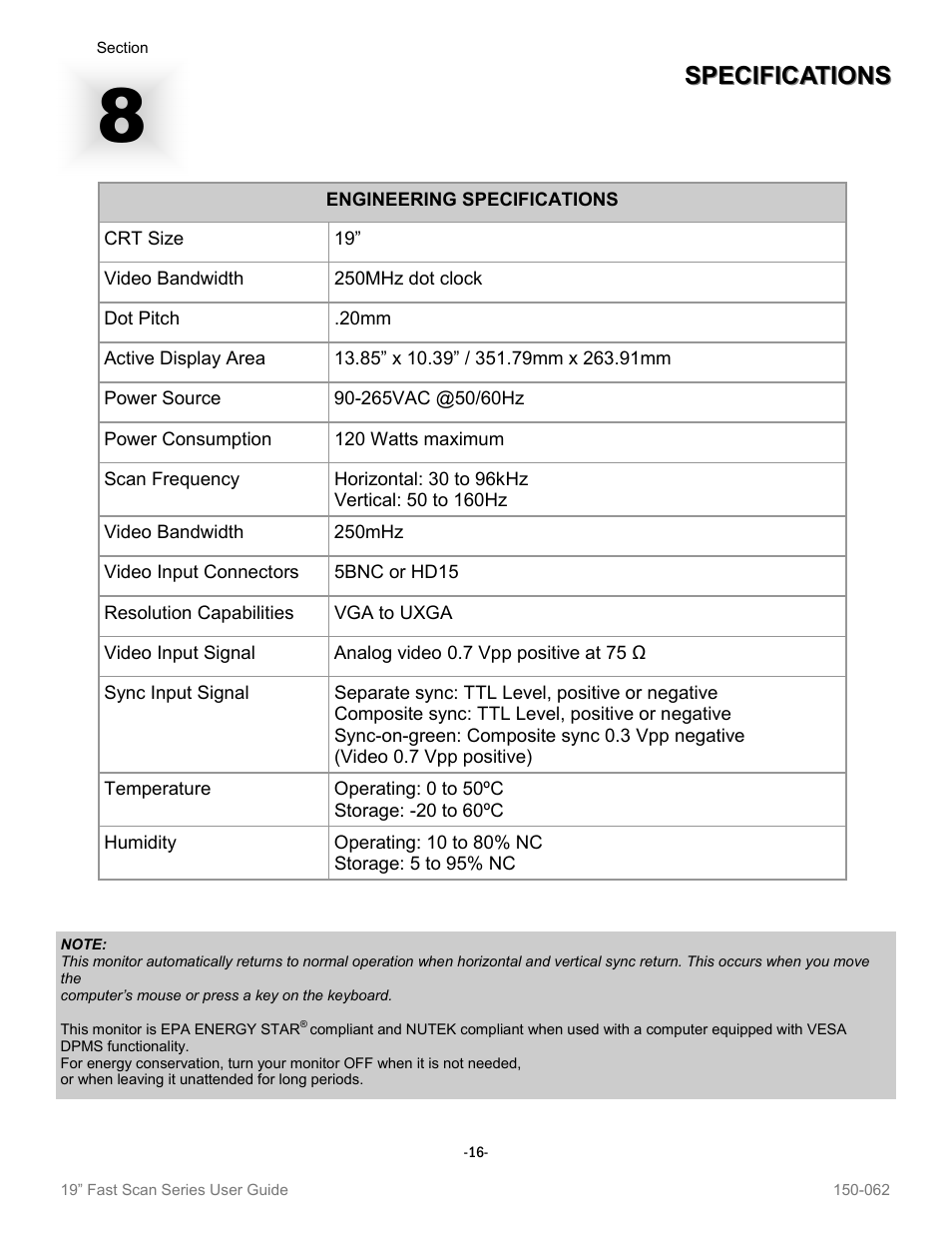 Specifications | Sharp VT19B-PW User Manual | Page 16 / 17