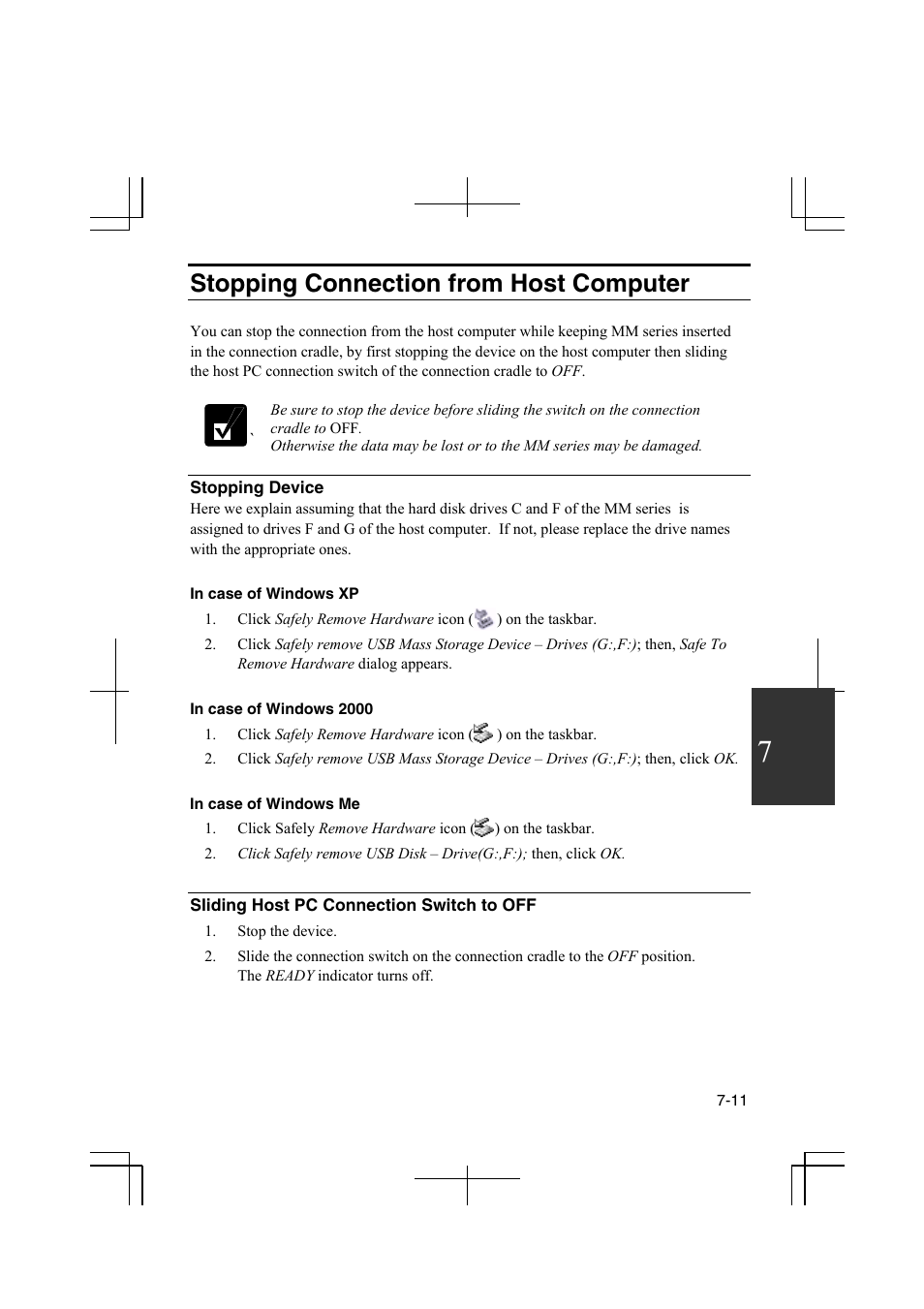 Stopping connection from host computer | Sharp PC-MM1 User Manual | Page 101 / 123