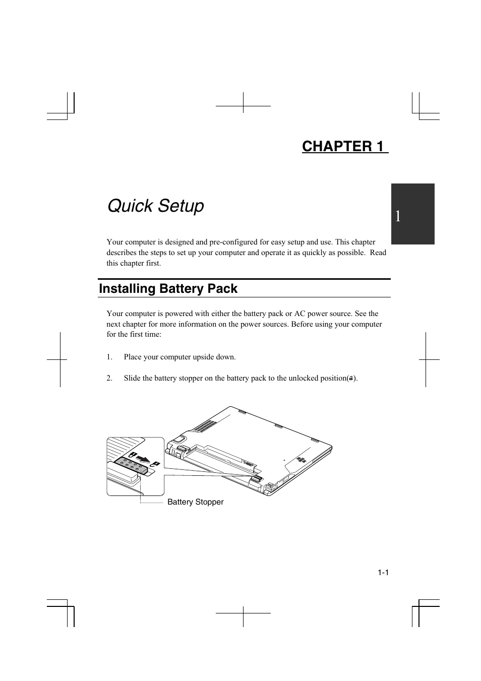 Quick setup, Installing battery pack, Chapter 1 | Sharp PC-MM1 User Manual | Page 19 / 123