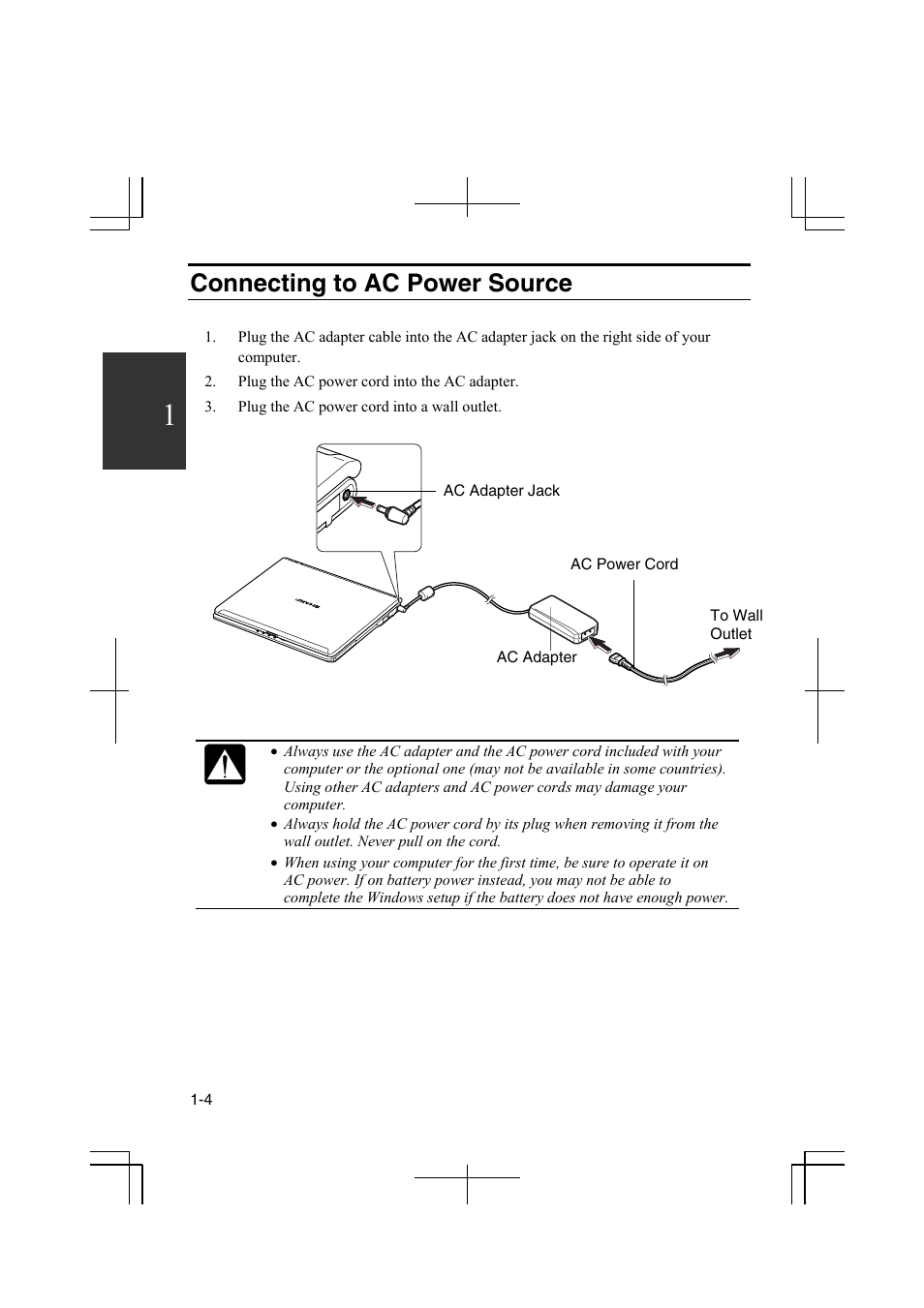 Connecting to ac power source, Jack | Sharp PC-MM1 User Manual | Page 22 / 123