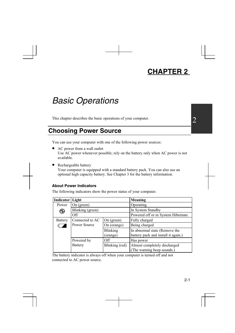 Basic operations, Choosing power source, Chapter 2 | Sharp PC-MM1 User Manual | Page 27 / 123