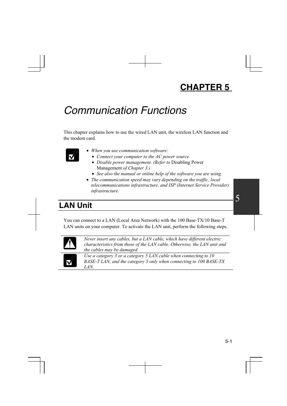 Communication functions, Chapter 5, Lan unit | Sharp PC-MM1 User Manual | Page 73 / 123