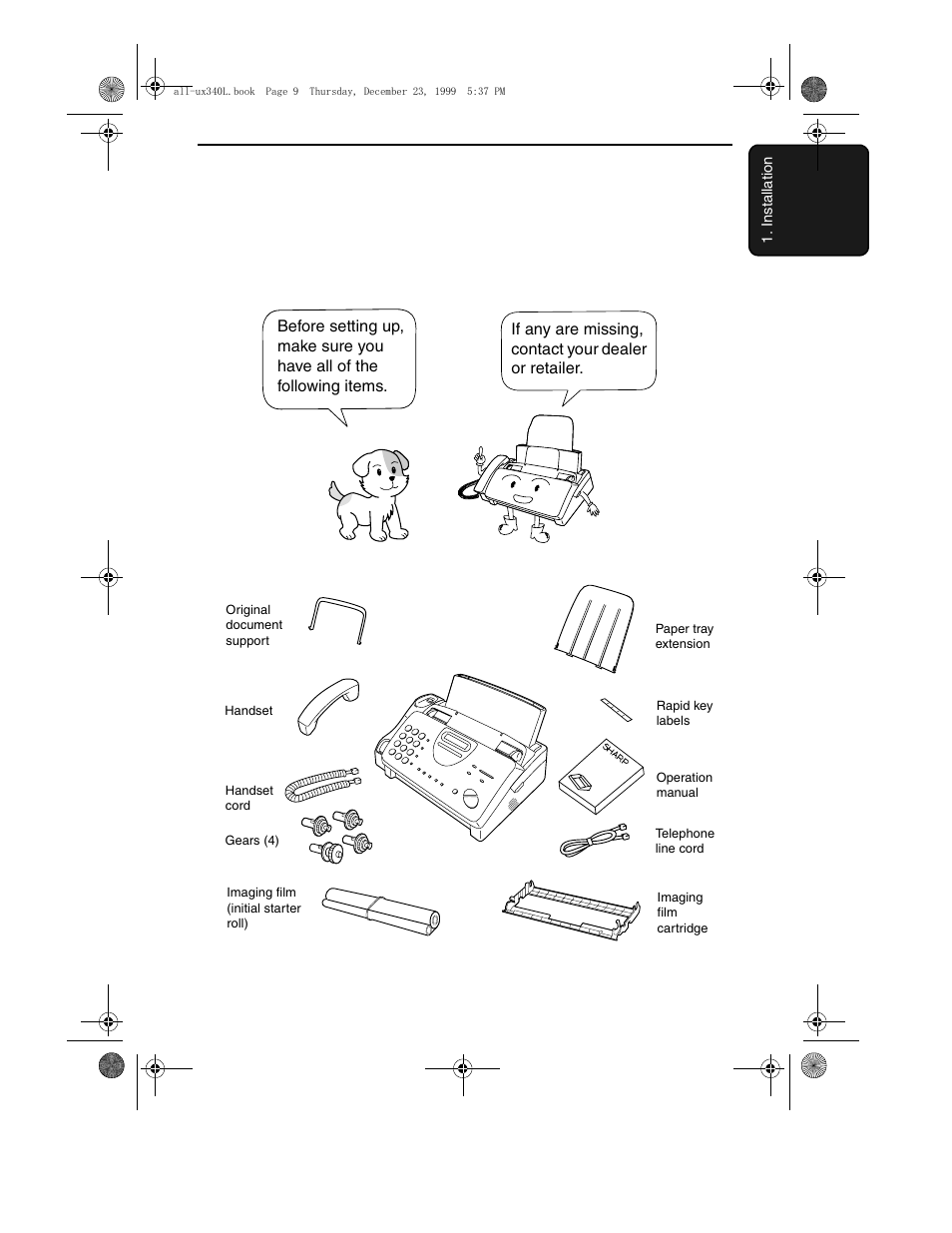 Installation, Unpacking checklist | Sharp UX-340L User Manual | Page 11 / 155