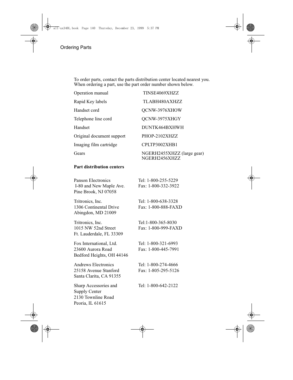 Ordering parts | Sharp UX-340L User Manual | Page 142 / 155