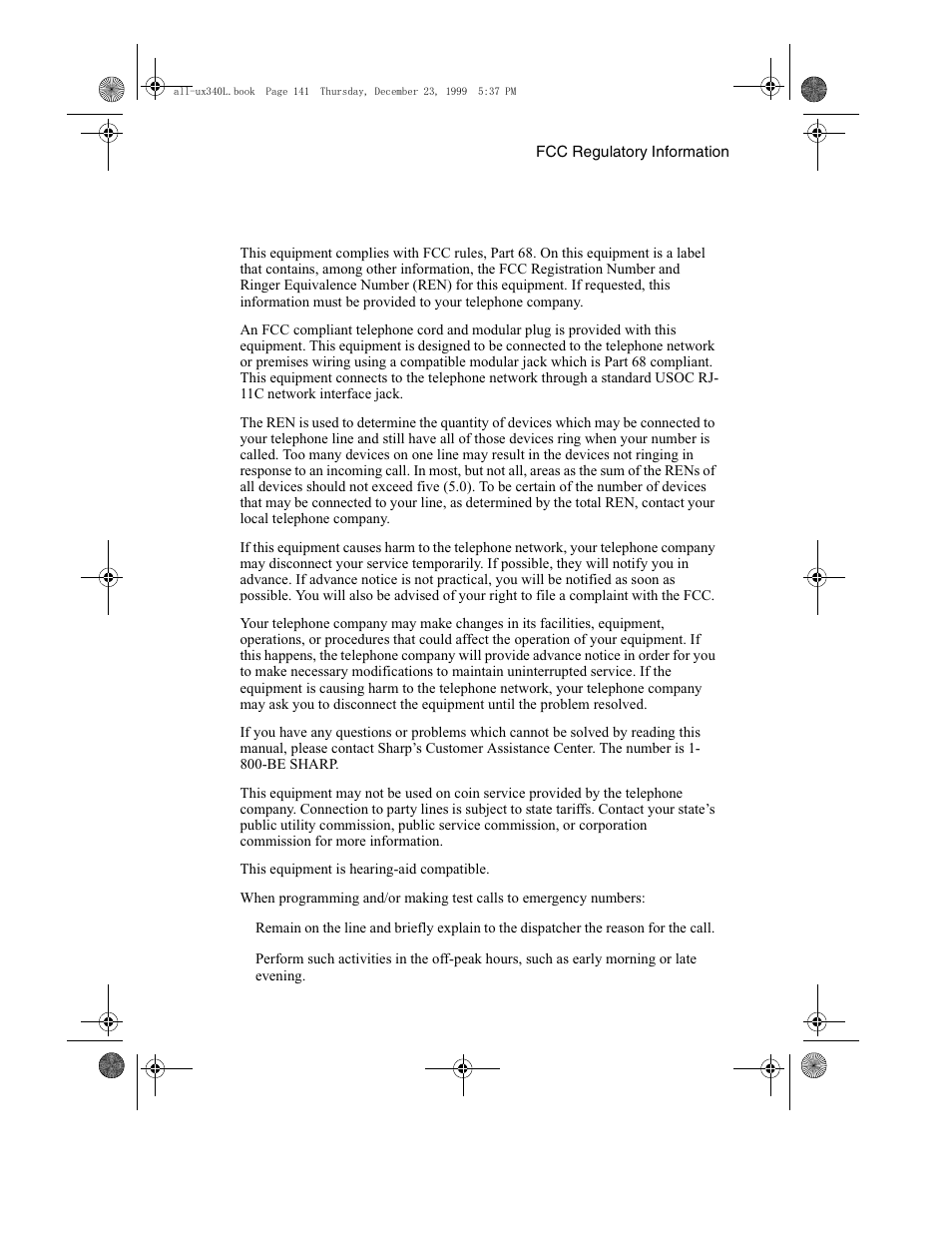 Fcc regulatory information | Sharp UX-340L User Manual | Page 143 / 155