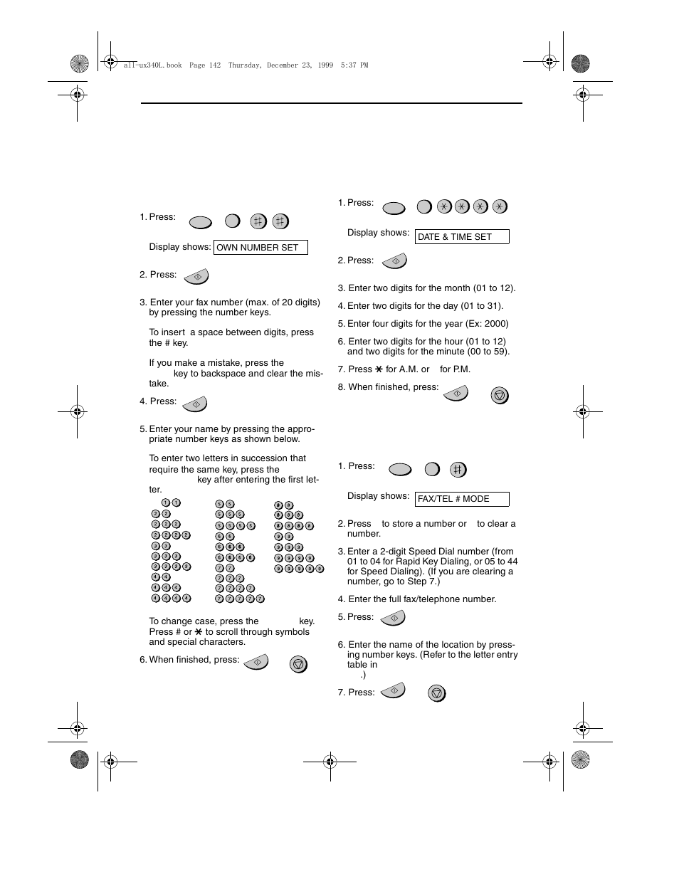 Quick reference guide, Entering your name and number, Setting the date and time | Storing and clearing auto dial numbers | Sharp UX-340L User Manual | Page 144 / 155