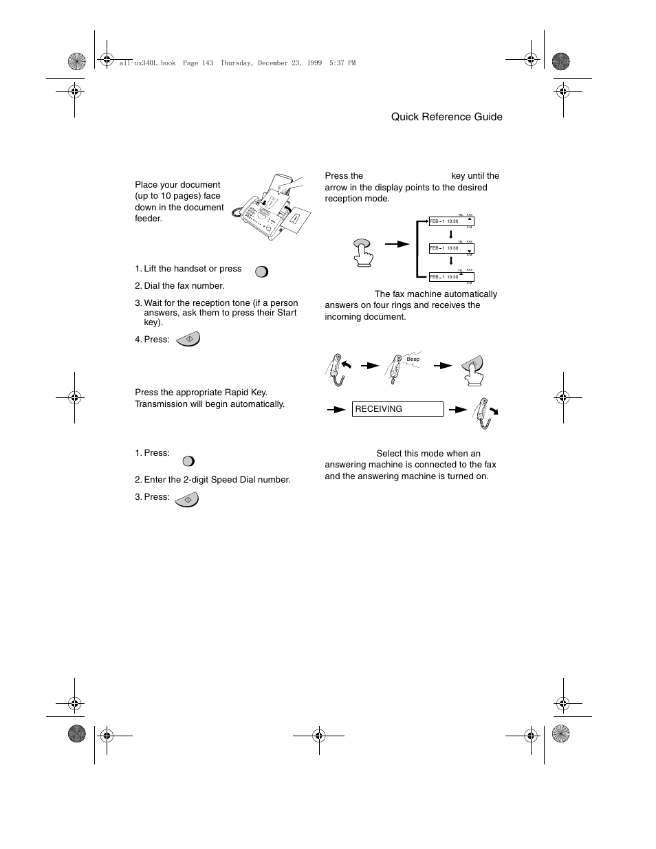 Sending faxes, Receiving faxes, Quick reference guide 143 | Sharp UX-340L User Manual | Page 145 / 155