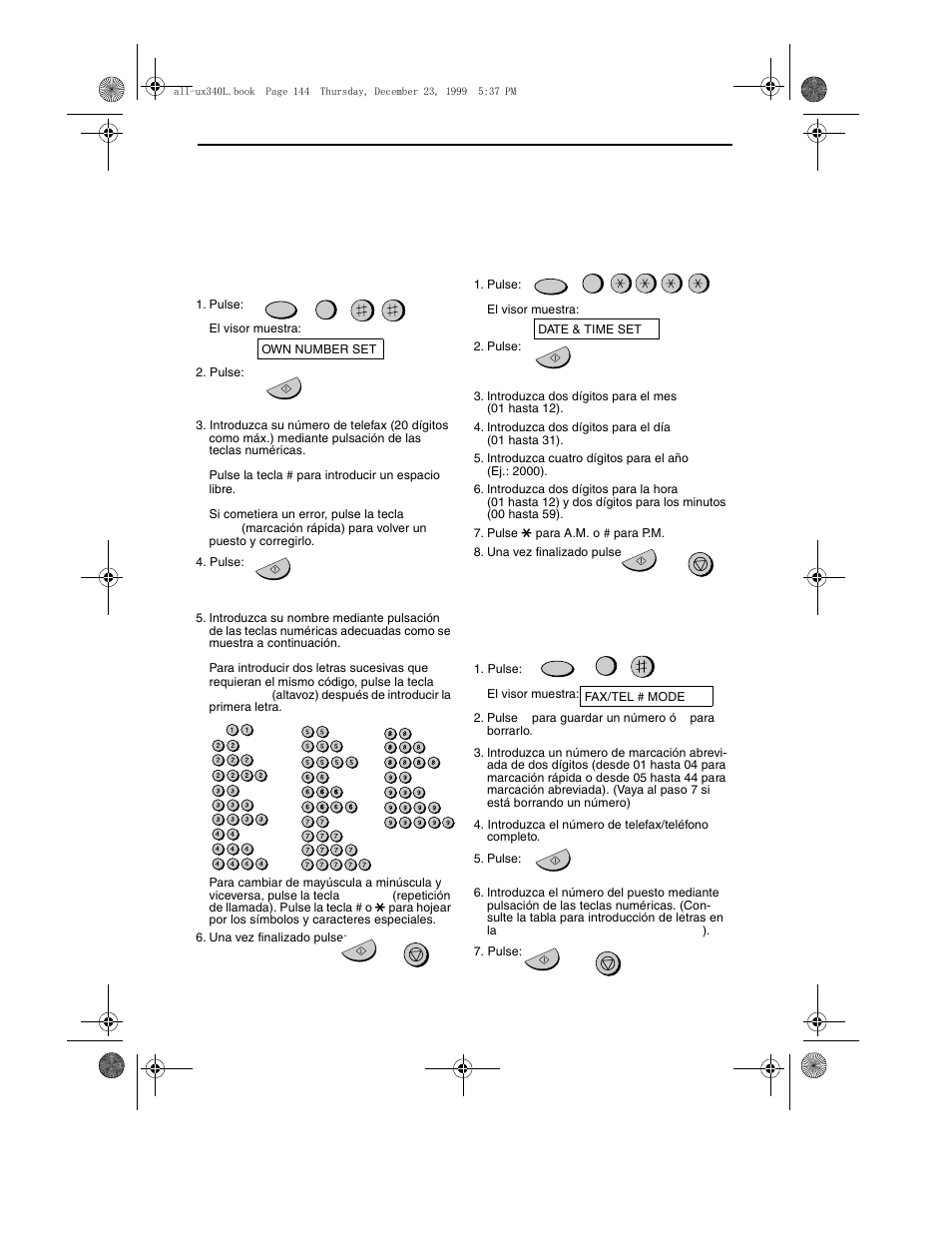 Guía de referencia rápida, Introducción de su nombre y número, Ajuste de la fecha y hora | Sharp UX-340L User Manual | Page 146 / 155