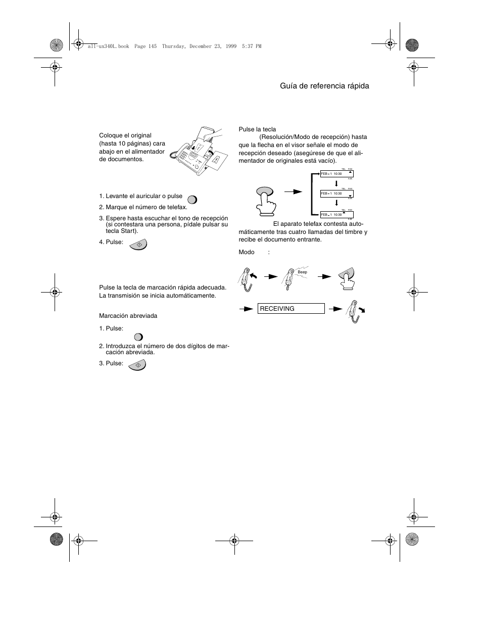 Transmisión de mensajes telefax, Recepción de mensajes telefax, Guía de referencia rápida 145 | Sharp UX-340L User Manual | Page 147 / 155