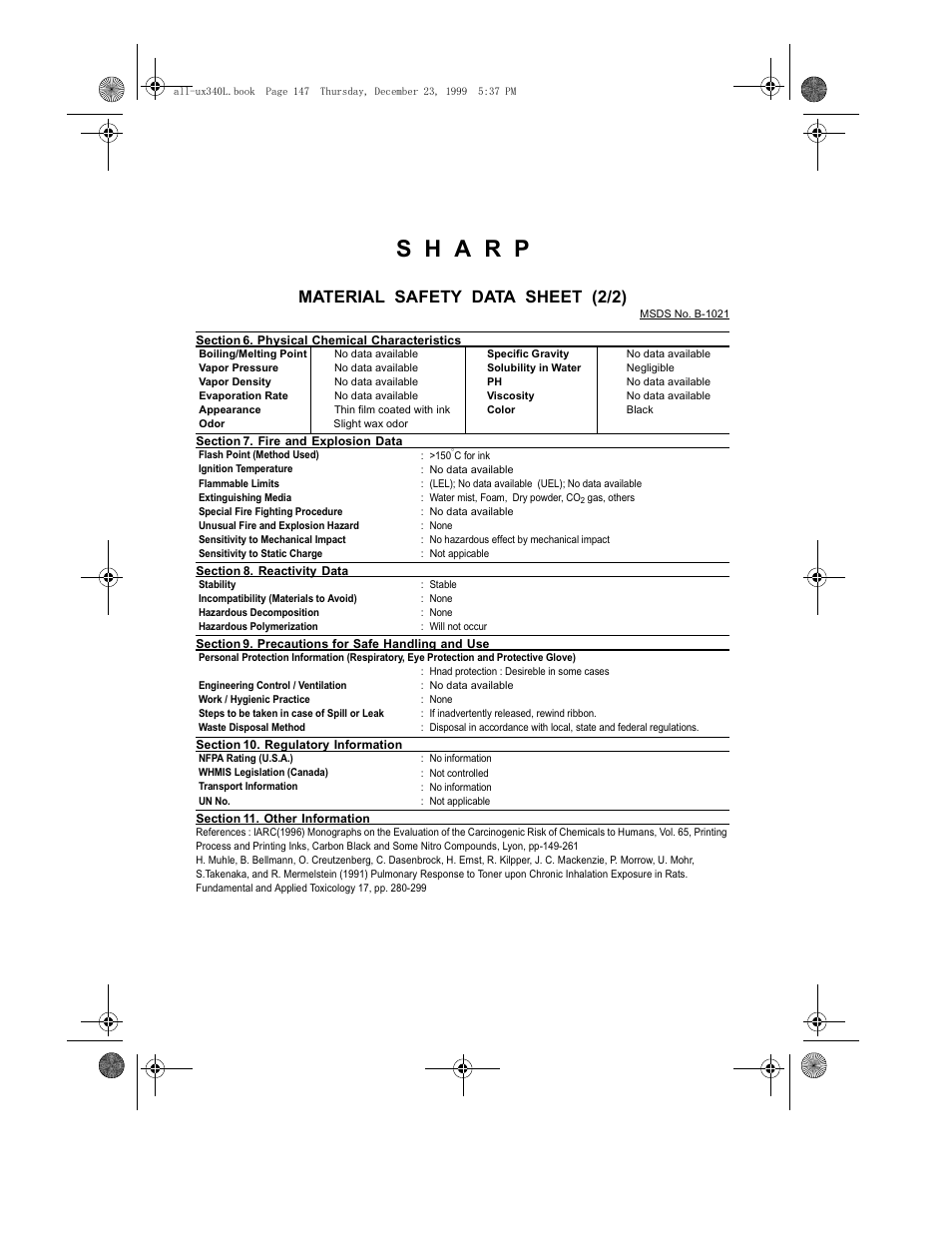 Material safety data sheet (2/2) | Sharp UX-340L User Manual | Page 149 / 155