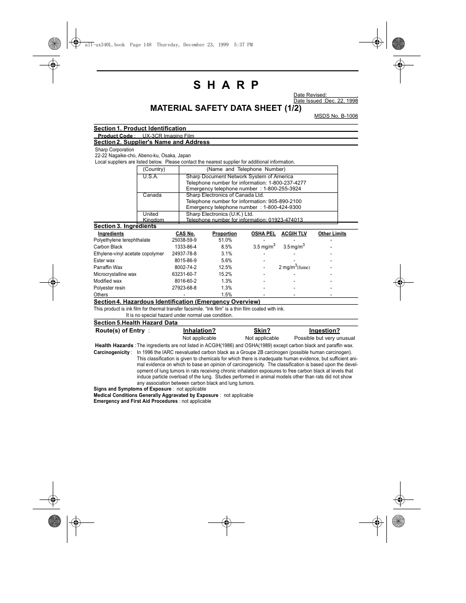 Material safety data sheet (1/2) | Sharp UX-340L User Manual | Page 150 / 155