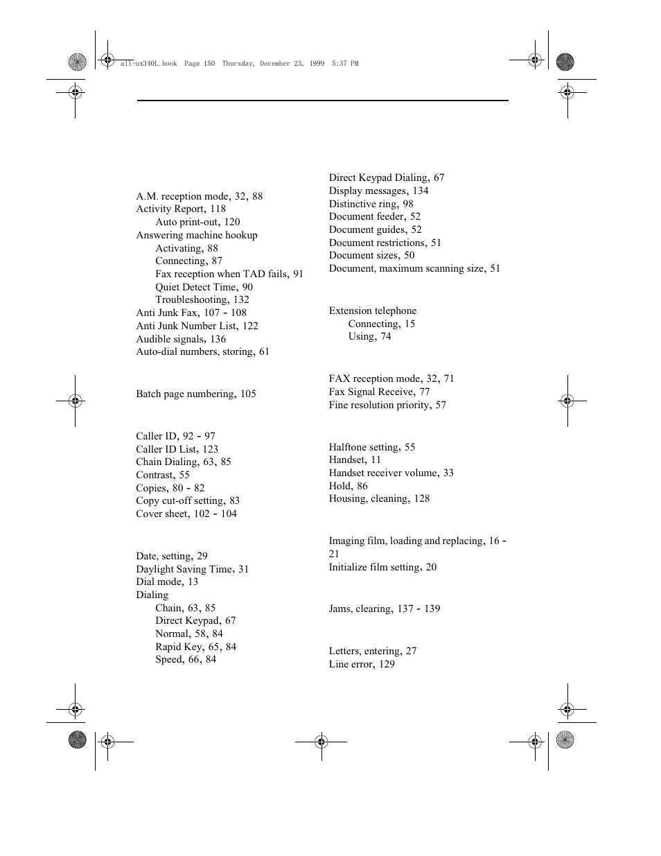 Index | Sharp UX-340L User Manual | Page 152 / 155