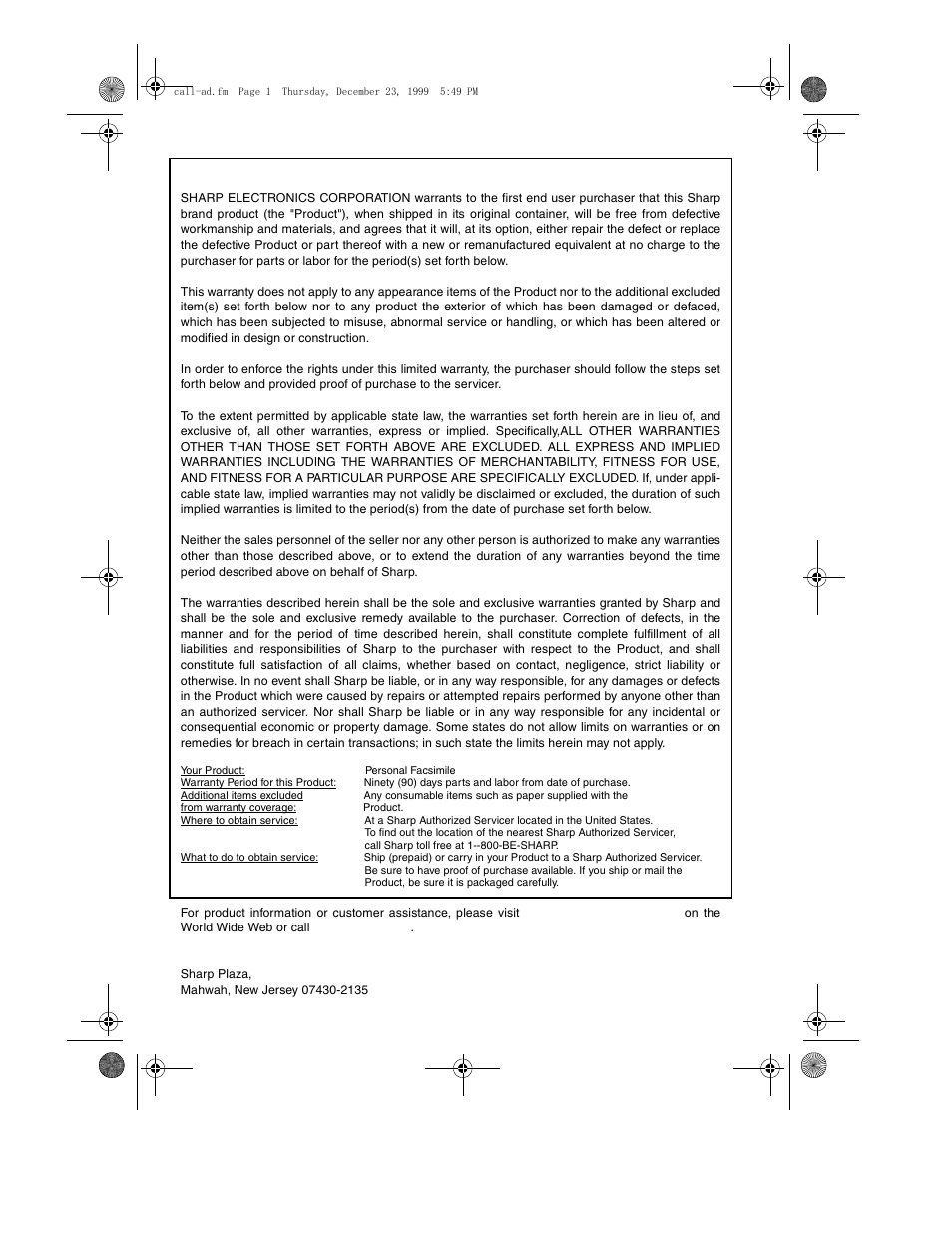 Limited warranty | Sharp UX-340L User Manual | Page 154 / 155